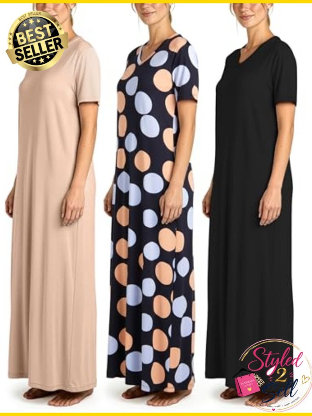 3 Pack Women's Maxi Nightgowns Short Sleeve V-Neck Sleep Shirt Lounge Dress